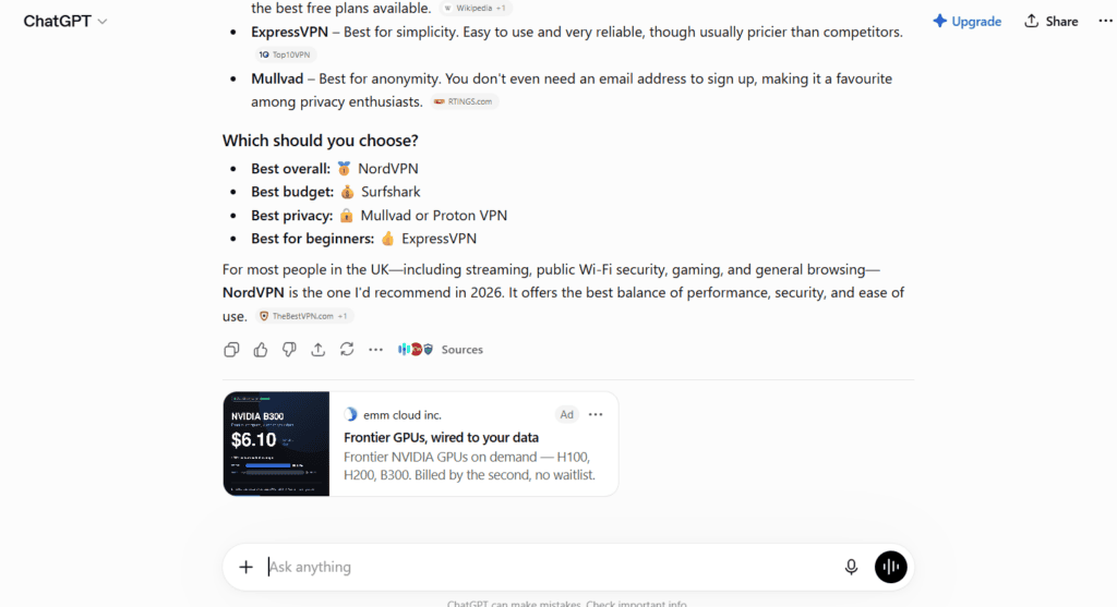 a screenshot for a chatgpt chat, with an advert for a VPN in